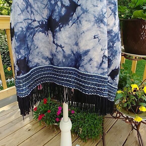 Indigo Soul Tunic Tassles Fringe Blue/White Large Blouse Top - Picture 2 of 7